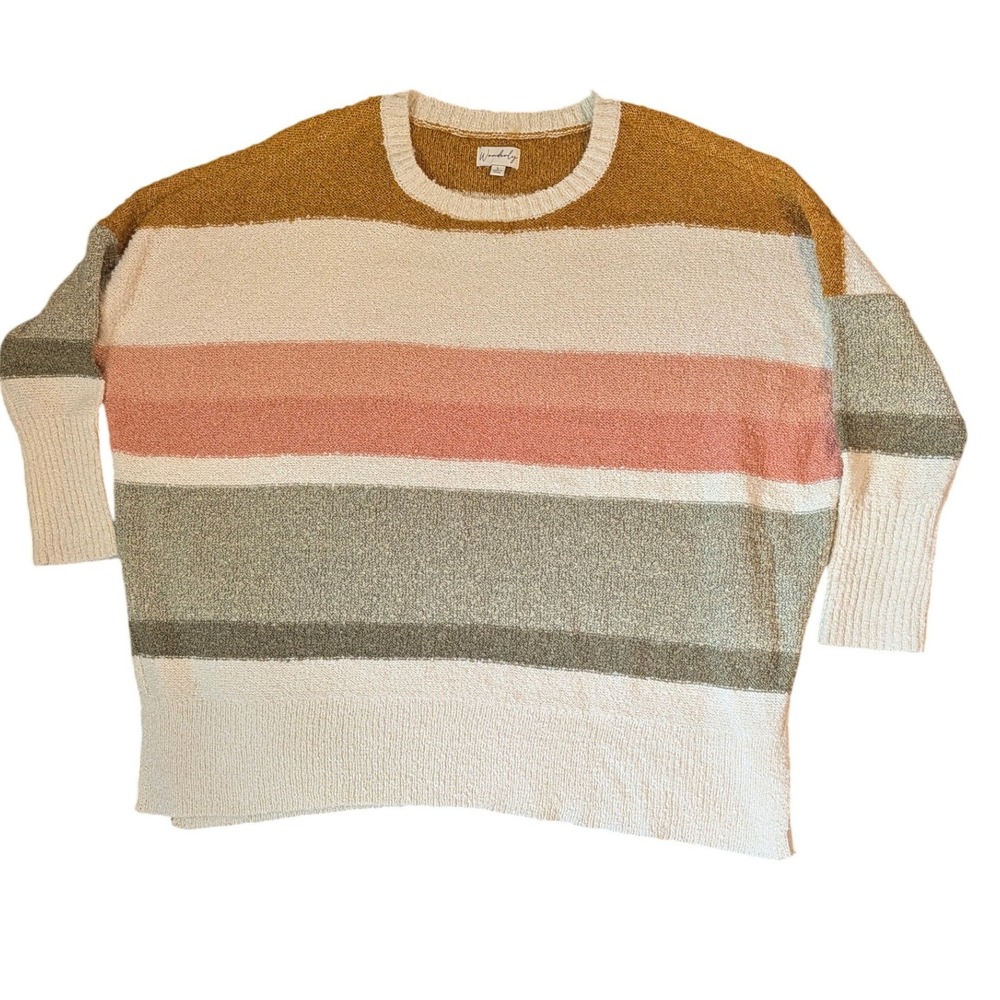 Wonderly Womens Large Striped Knit Oversized Pullover Sweater Mustard Olive Pink